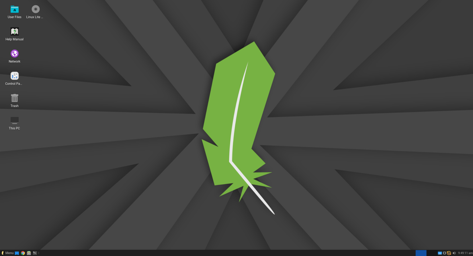 Uma captura de tela mostrando a área de trabalho padrão do Linux Lite.