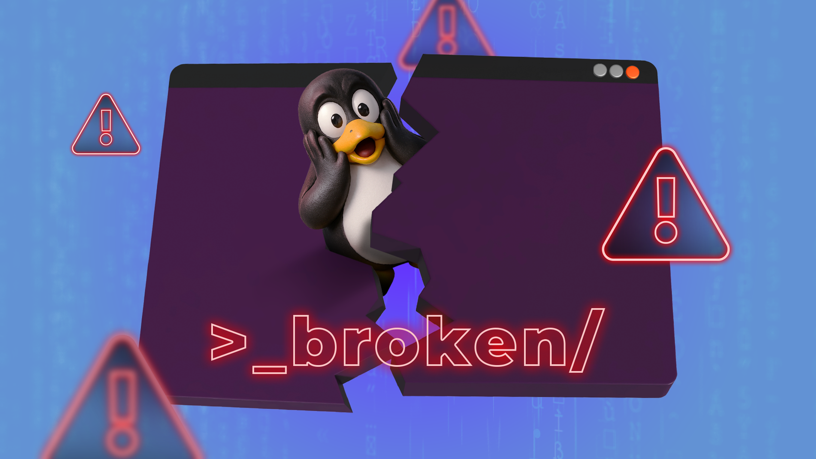 Ilustração do mascote do Linux Tux com uma expressão de surpresa, emergindo do centro de uma janela de terminal quebrada, cercada por ícones de aviso e 'quebrado' escrito em texto neon.