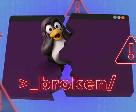 Illustration of the Linux mascot Tux with a surprised expression, emerging from the center of a broken terminal window, surrounded by warning icons, and 'broken' written in neon text.