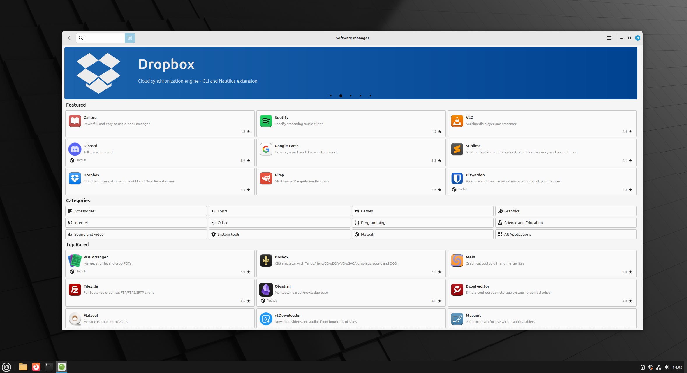 A screenshot showing Linux Mint Cinammon software manager.