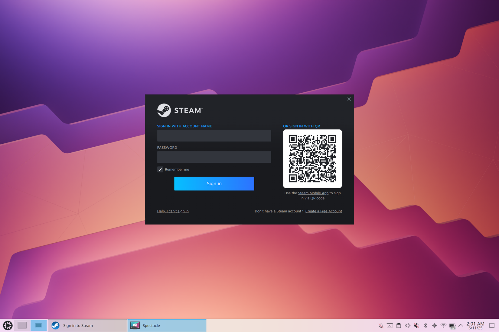 The Steam login window on Kubuntu. 
