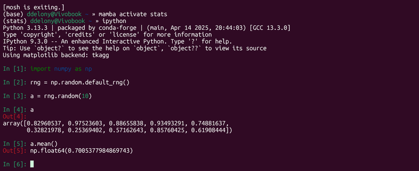 Creating an array of random numbers and taking the mean with NumPy in an iPython session in the Linux terminal.