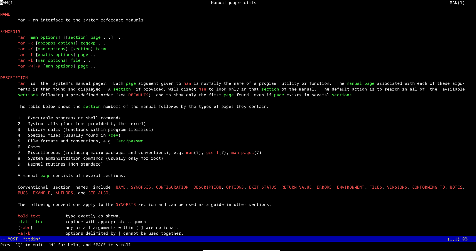 Просмотр справки (manpage) команды man с помощью most в терминале Linux.