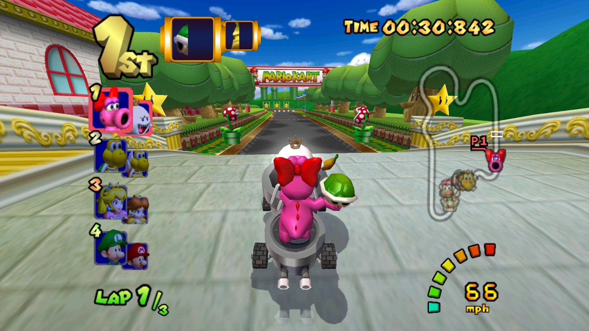 Birdo et Boo en première place dans Mario Kart: Double Dash !!