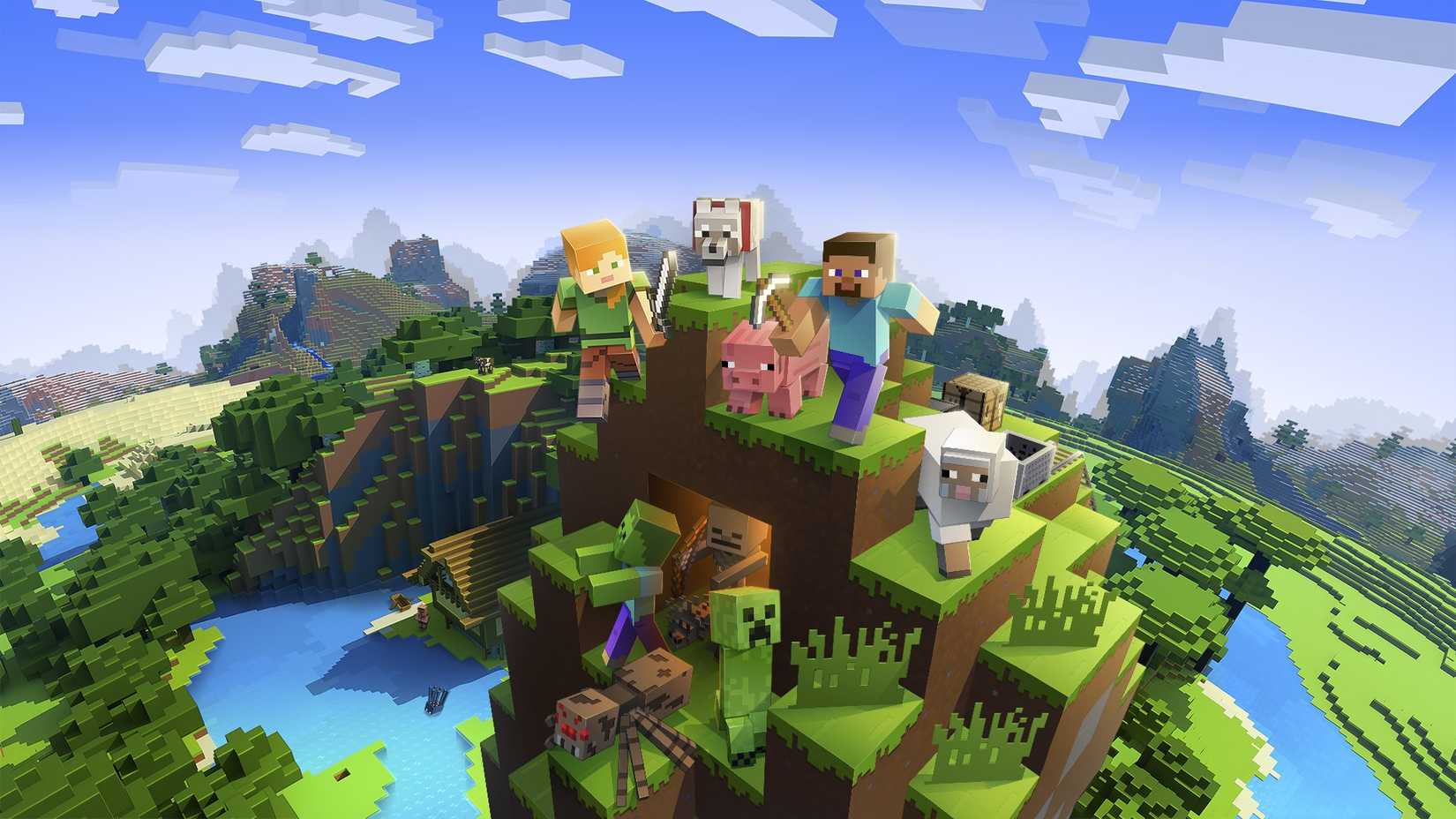 Characters and creatures from Minecraft atop a mountain.