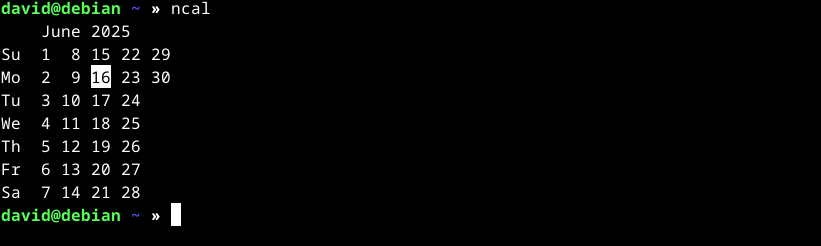 ncal for June 2025, with June 16 highlighted in the Linux terminal.