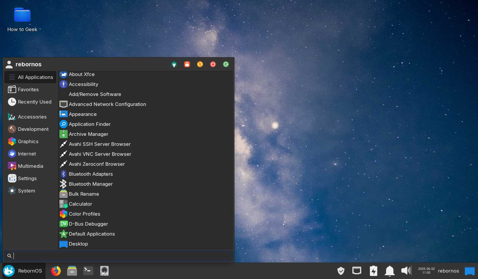 RebornOS Application Menu.