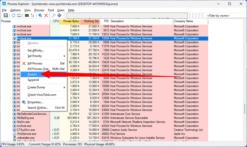 Restarting or ending a process in Process Explorer.