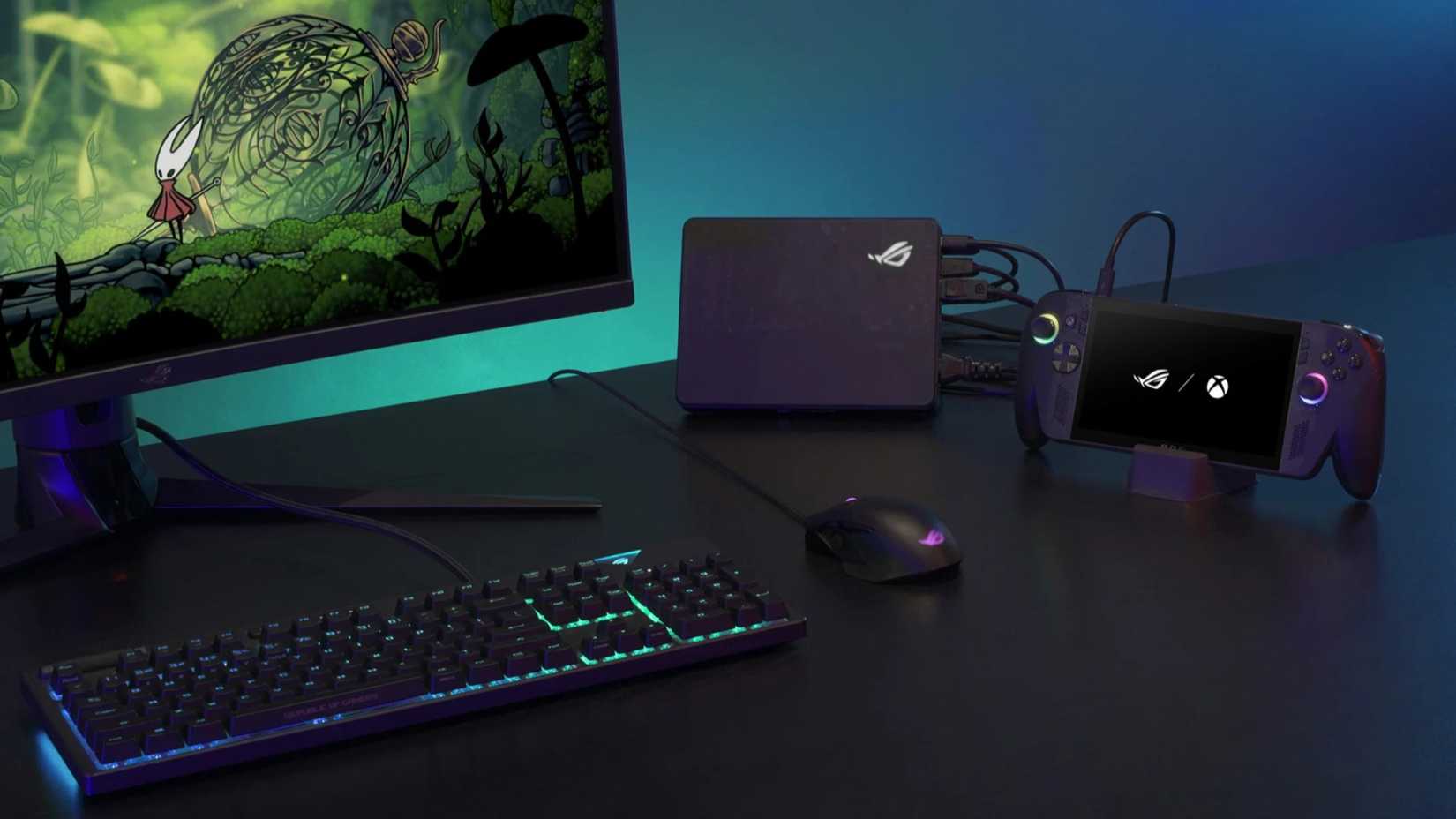 A ROG Xbox Ally X docked with a PC monitor and eGPU.