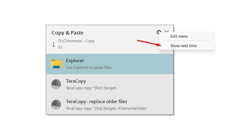 Show next time option in the TeraCopy confirmation window.