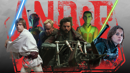 Some TV show characters with the Andor logo in the background.