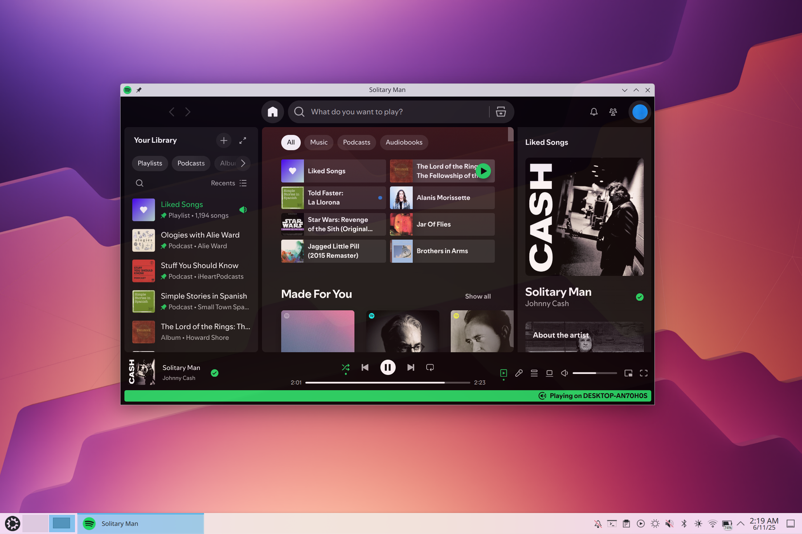 Spotify on Kubuntu with some music visible.