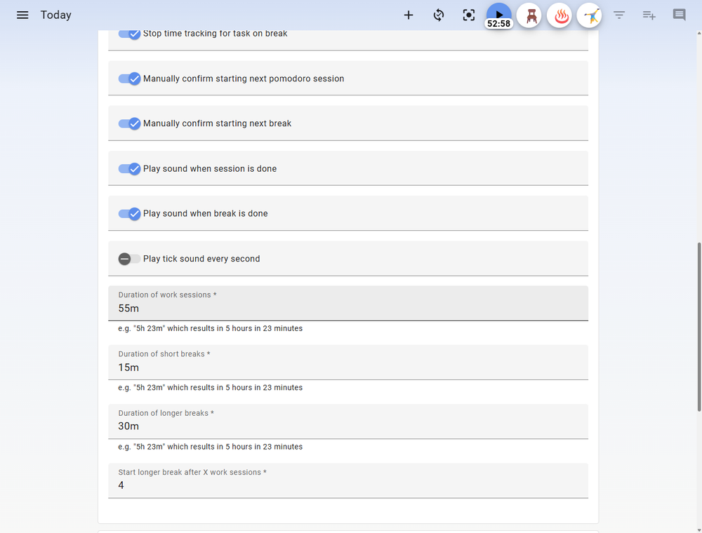 Pomodoro timer configuration options
