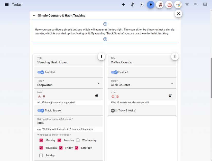 Super Productivity Simple Counters and Habit Tracking settings.
