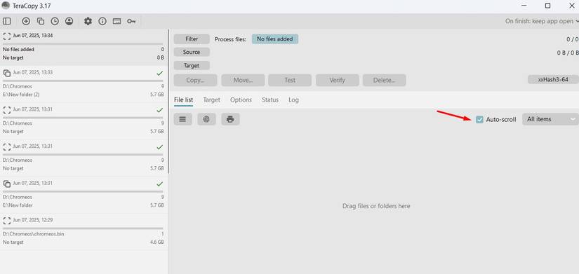 TeraCopy Auto Scroll feature.