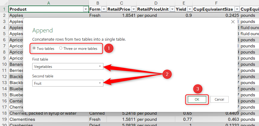 The Append dialog box in Microsoft Excel, with the Two Tables radio button selected, and the table names chosen from the drop-down menus.