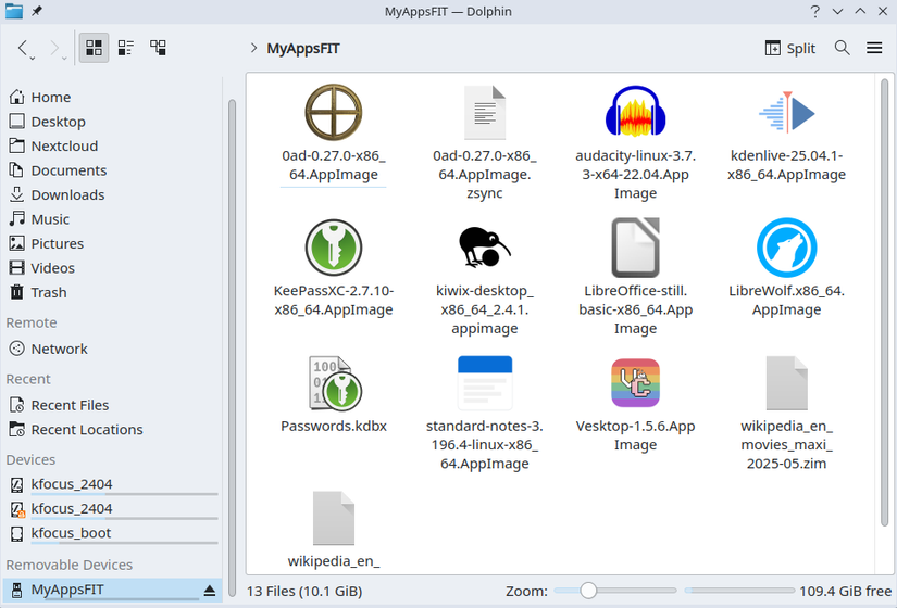 The Dolphin file browser for Linux, with a collection of AppImage files stored on an external drive visible.