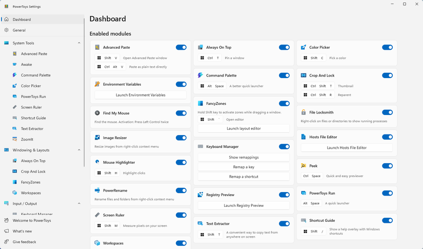 The full PowerToys settings window. 