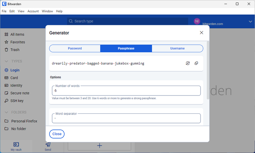 The passphrase generator in BitWarden.