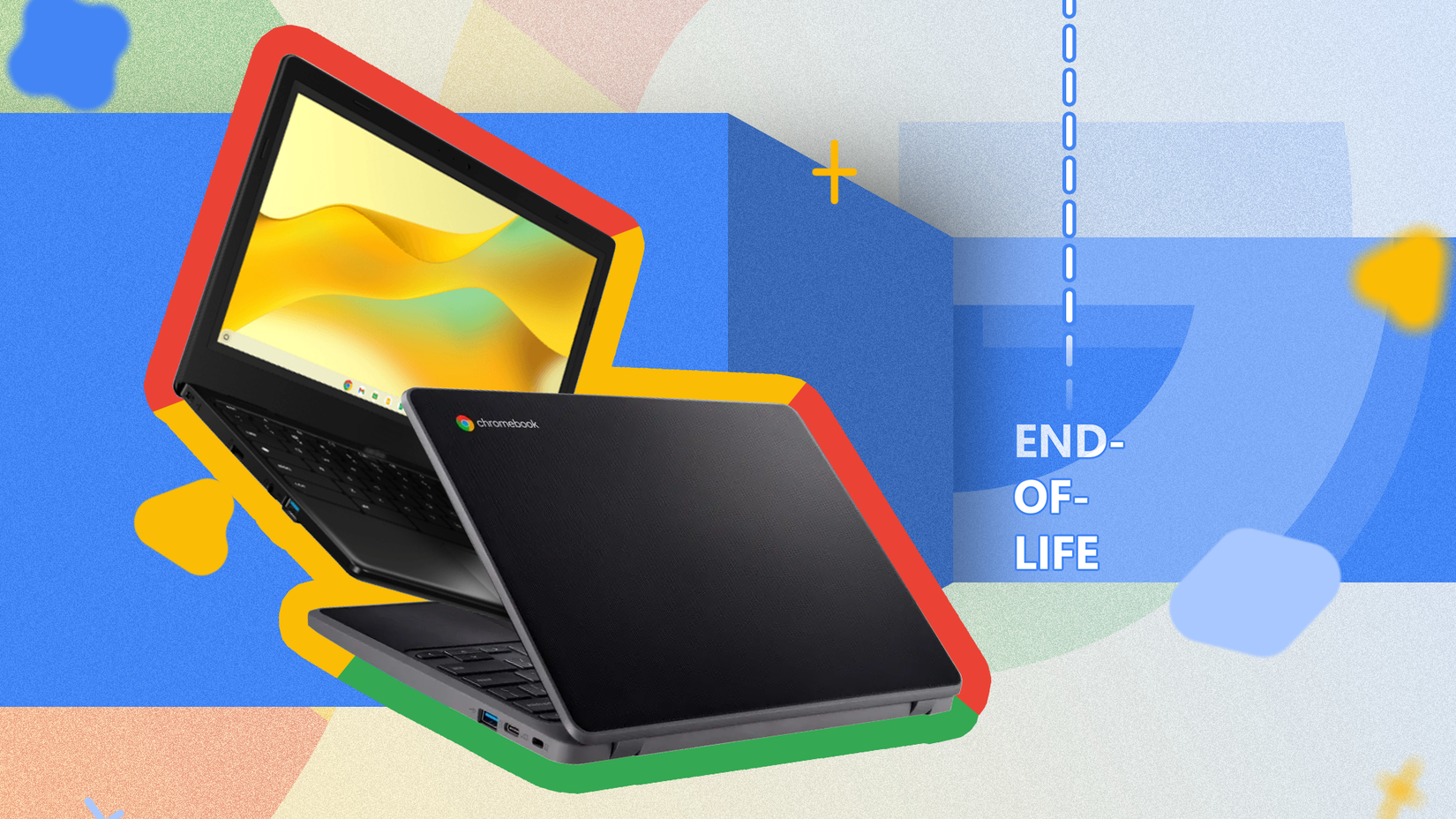 Two Chromebooks and, on the right, 'END-OF-LIFE' written, indicating the end of official support.
