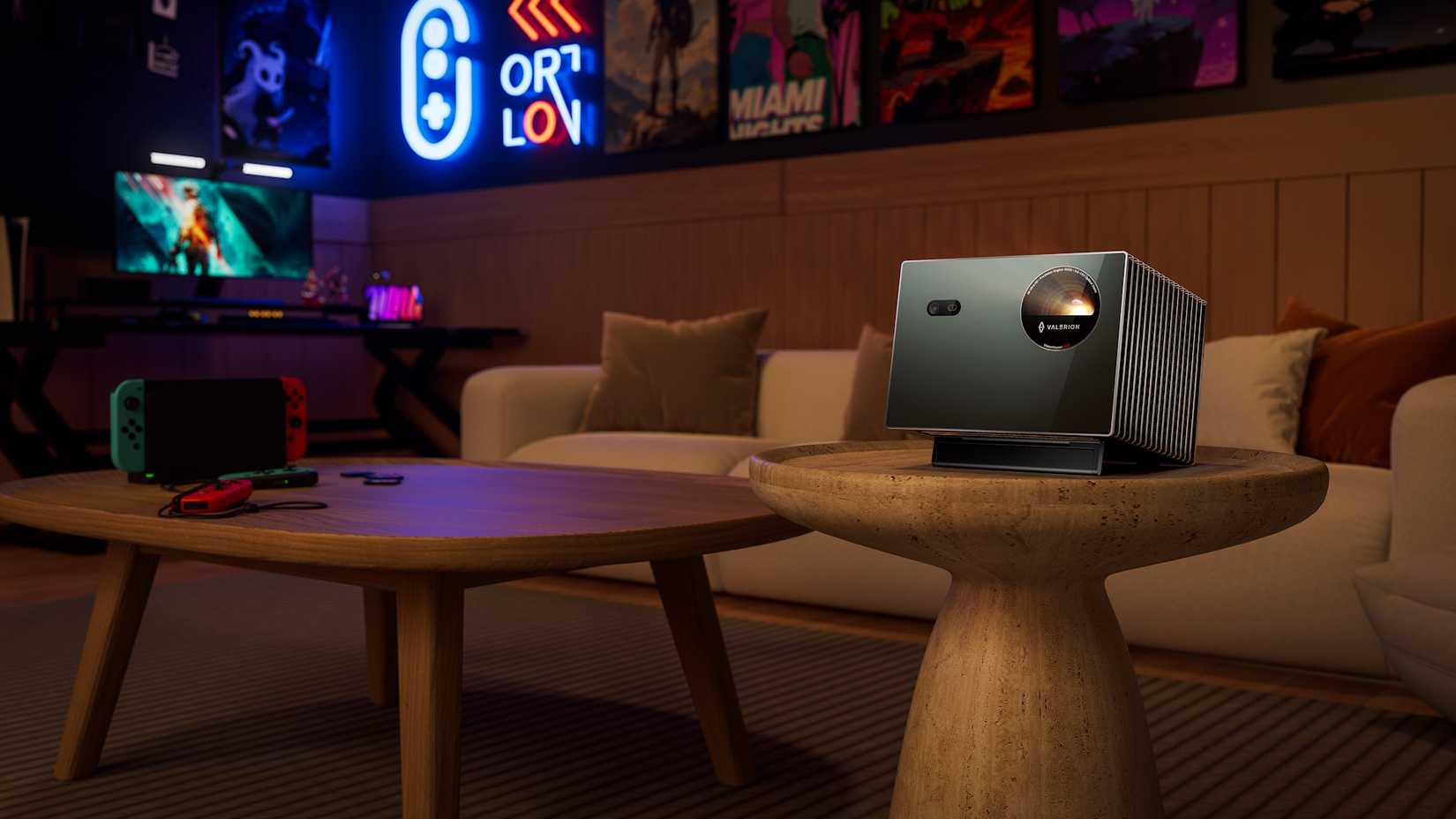 A Valerion projector on a side table.