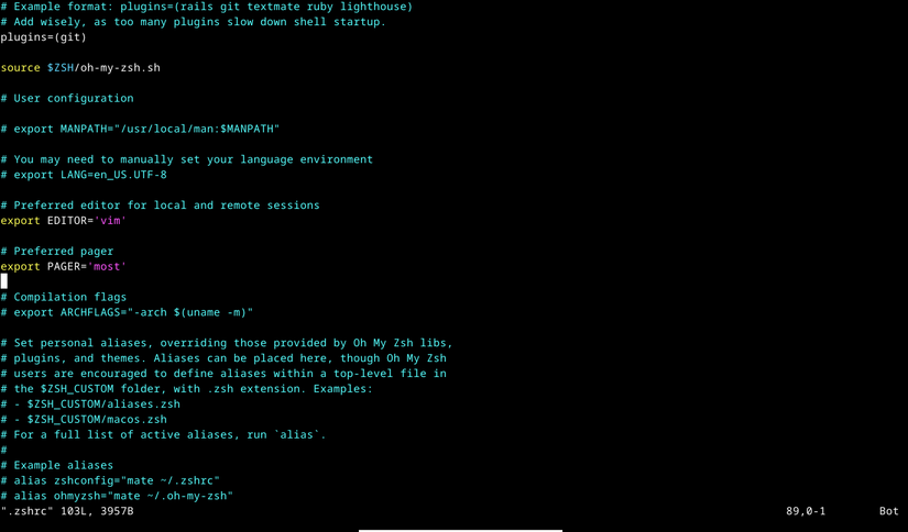 Editing the .zshrc in Vim.