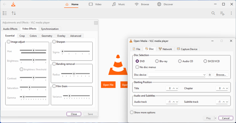 VLC 4.0 Open with the Open Media and Video Effects options menus option.