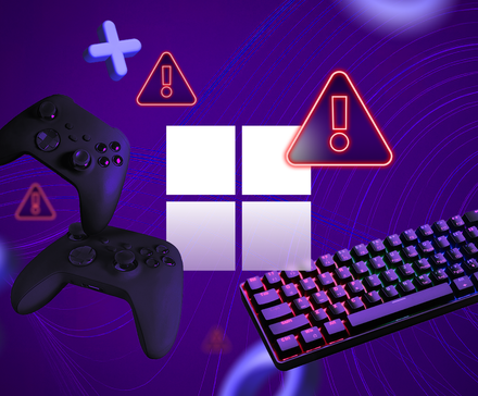 Windows logo surrounded by video game controllers and a keyboard, with multiple warning signs around it.