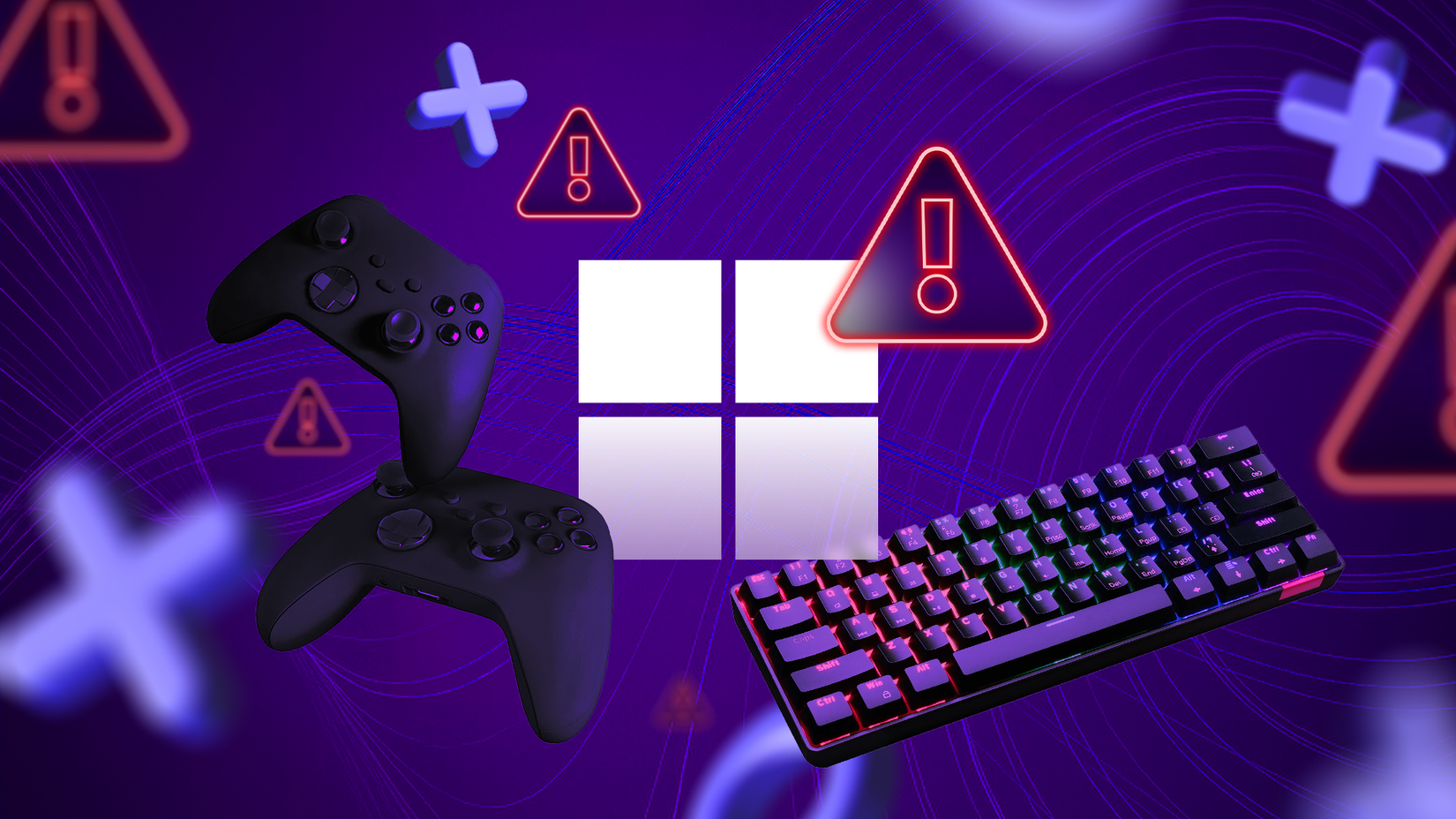Windows logo surrounded by video game controllers and a keyboard, with multiple warning signs around it.