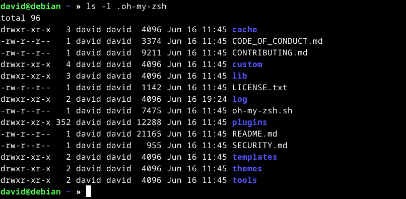 zsh with Oh My Zsh ls -l listing of .oh-my-zsh directory in the home directory.