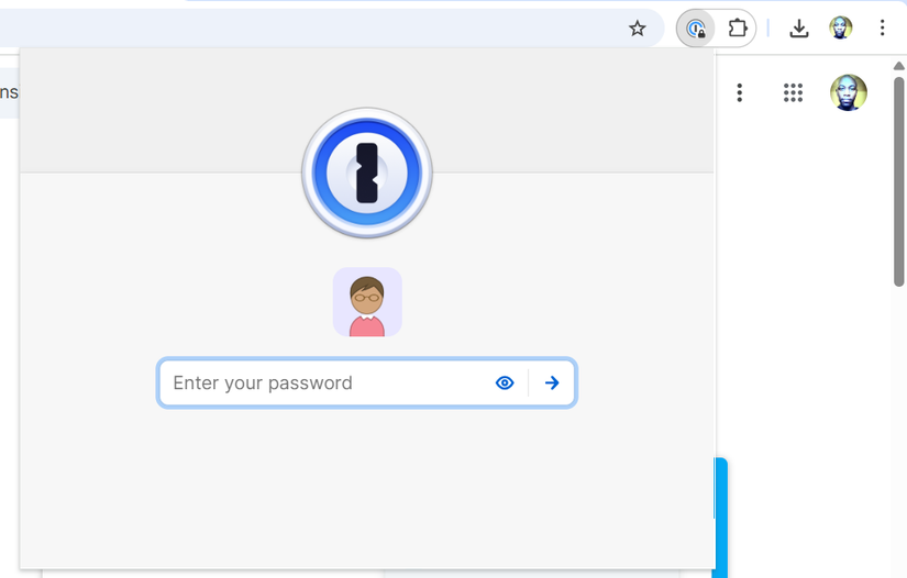 A extensão 1Password do Chrome.