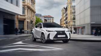 Front 3/4 action shot of a 2025 Lexus UX