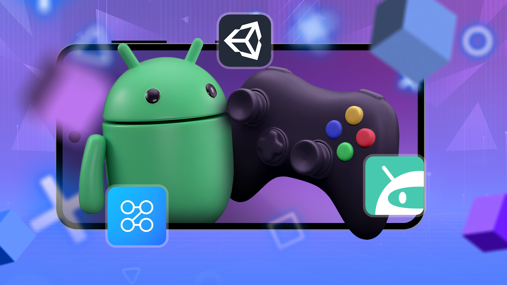 3D illustration of the Android mascot next to a game controller inside a smartphone frame.