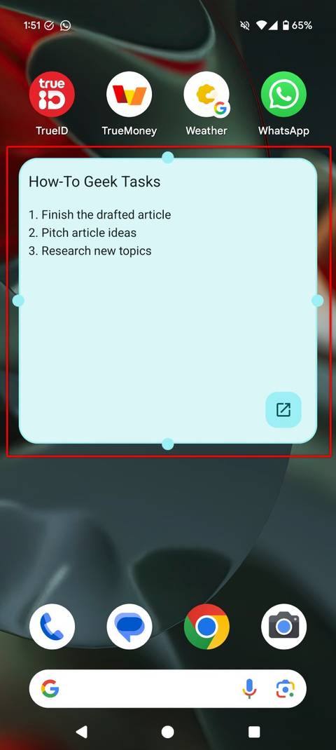 A Google Keep note on an Android home screen.