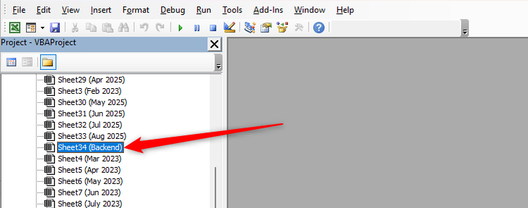 A backend worksheet is selected in the Project Explorer pane of Excel's VBA window.