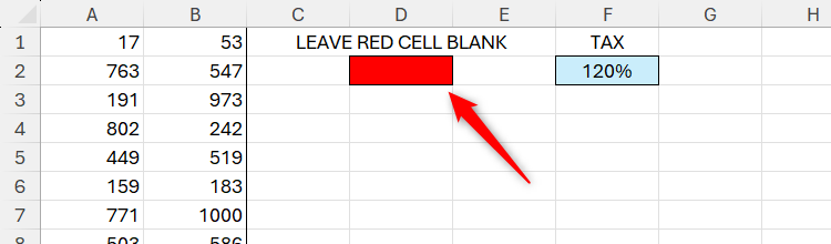 A cell colored red in Microsoft Excel, with the words LEAVE RED CELL BLANK above.