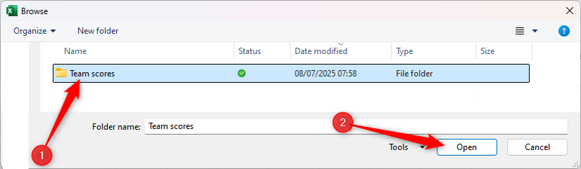 Hình 28: Một thư mục có tên Team Scores trong Windows 11 được chọn trong hộp thoại Browse, và nút Open được làm nổi bật.
