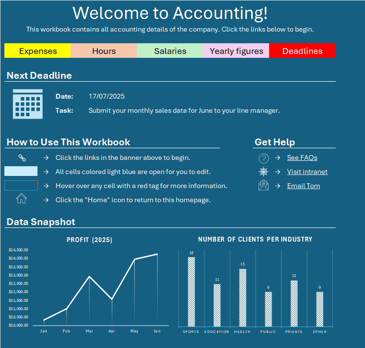 A homepage worksheet in Microsoft Excel.