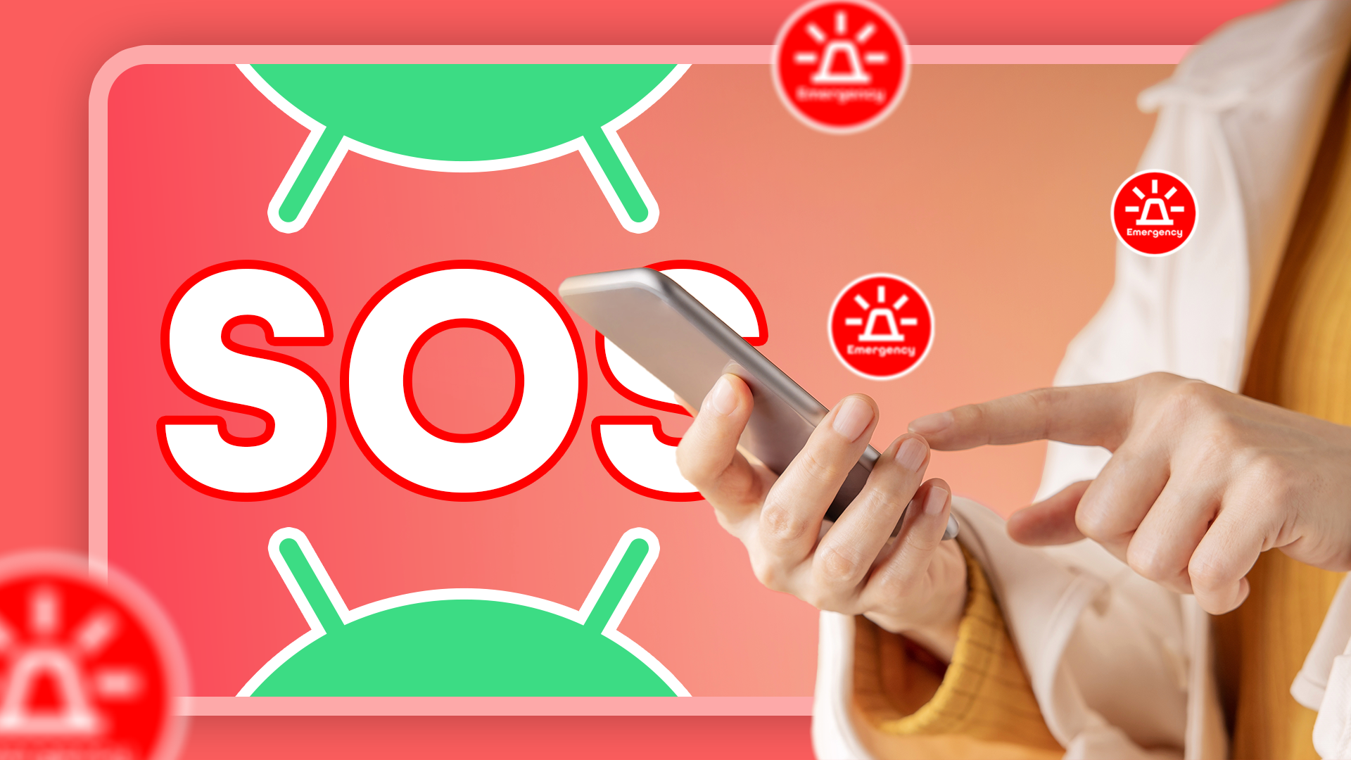 Una persona sosteniendo un teléfono inteligente, con un gran texto rojo 'SOS' destacado en el fondo y múltiples íconos rojos de alerta de emergencia con sirenas rodeando la escena.