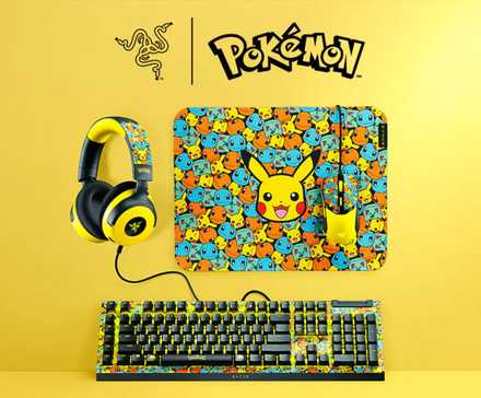 A Razer Keyboard, mouse and mousepad, and headset with Pokemon Designs on a yellow background