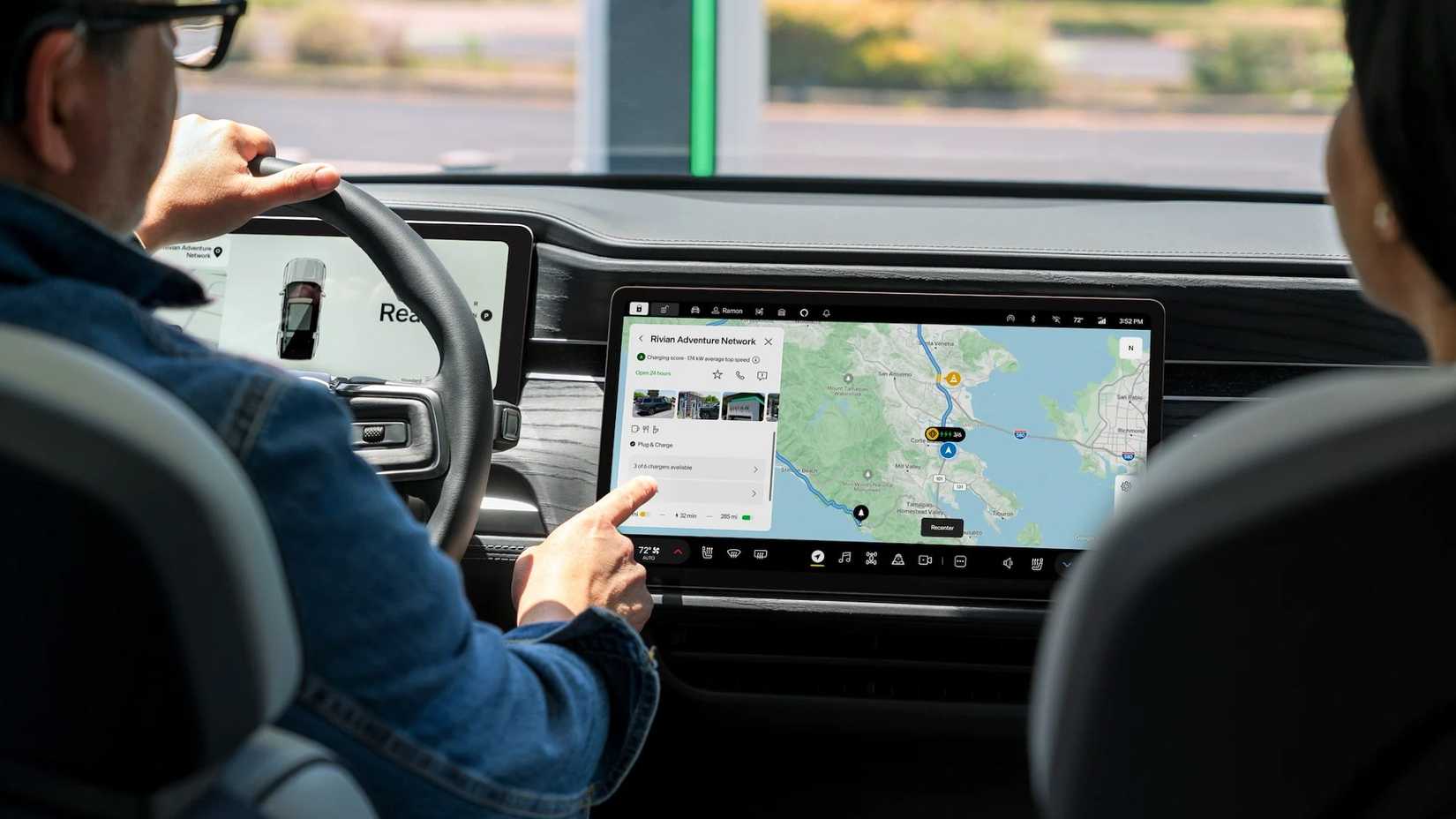 A Rivian EV driver using his dashboard to navigate with Google Maps.