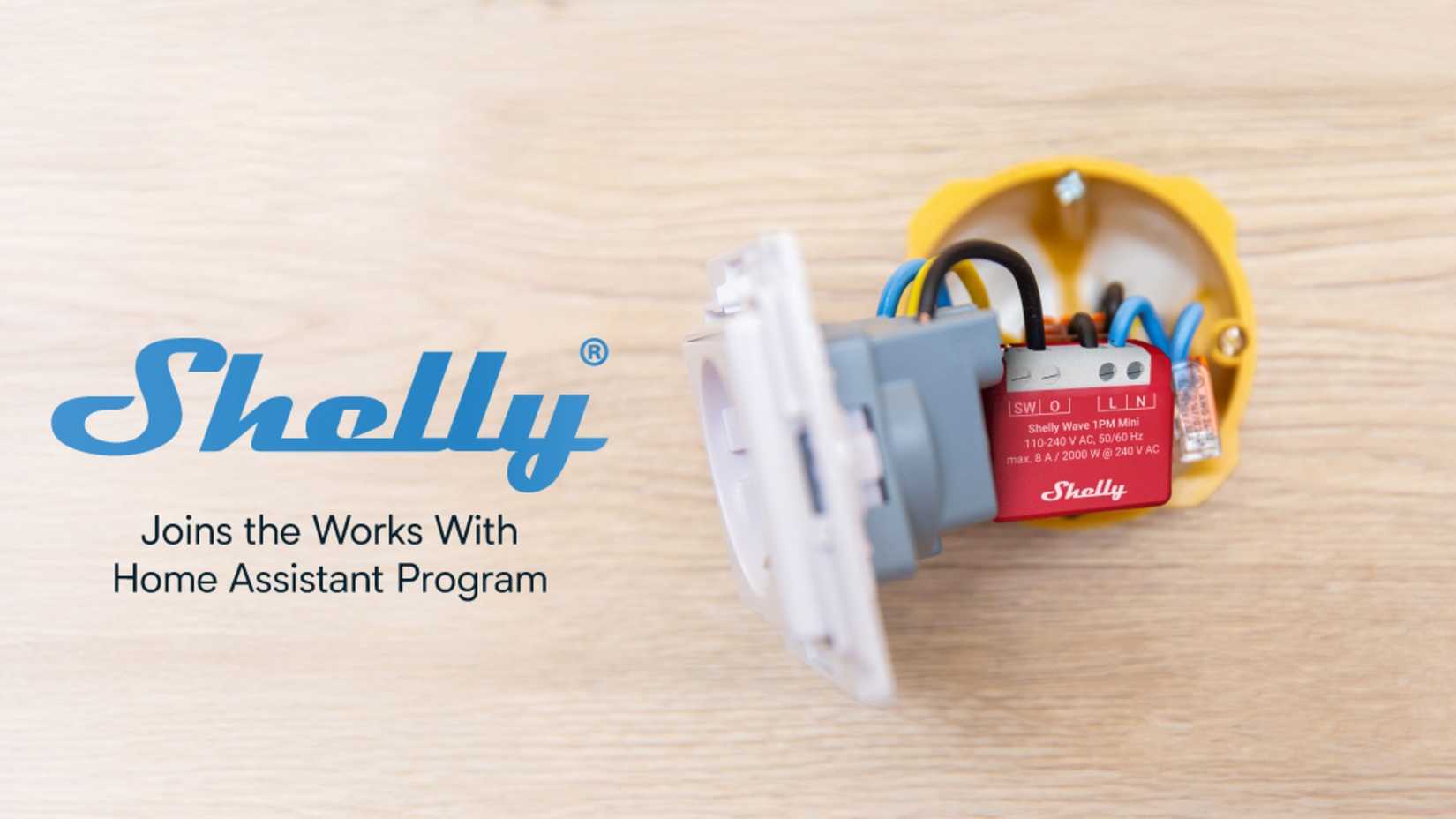 A shell product on the table with text stating that the brand is in Works with Home Assistant.