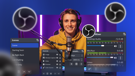A streamer wearing headphones sits in front of a microphone, with OBS Studio interface elements overlaid on the image and the OBS logo surrounding them.