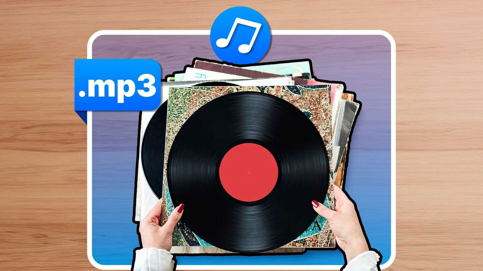 A woman's hands holding vinyl records with an mp3 tag.