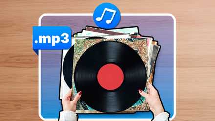 A woman's hands holding vinyl records with an mp3 tag.