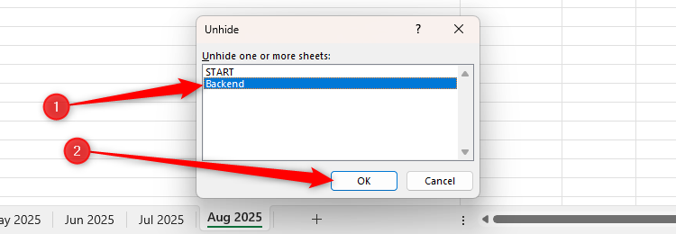 A worksheet named Backend is selected in Excel's Unhide window, and the OK button is highlighted.