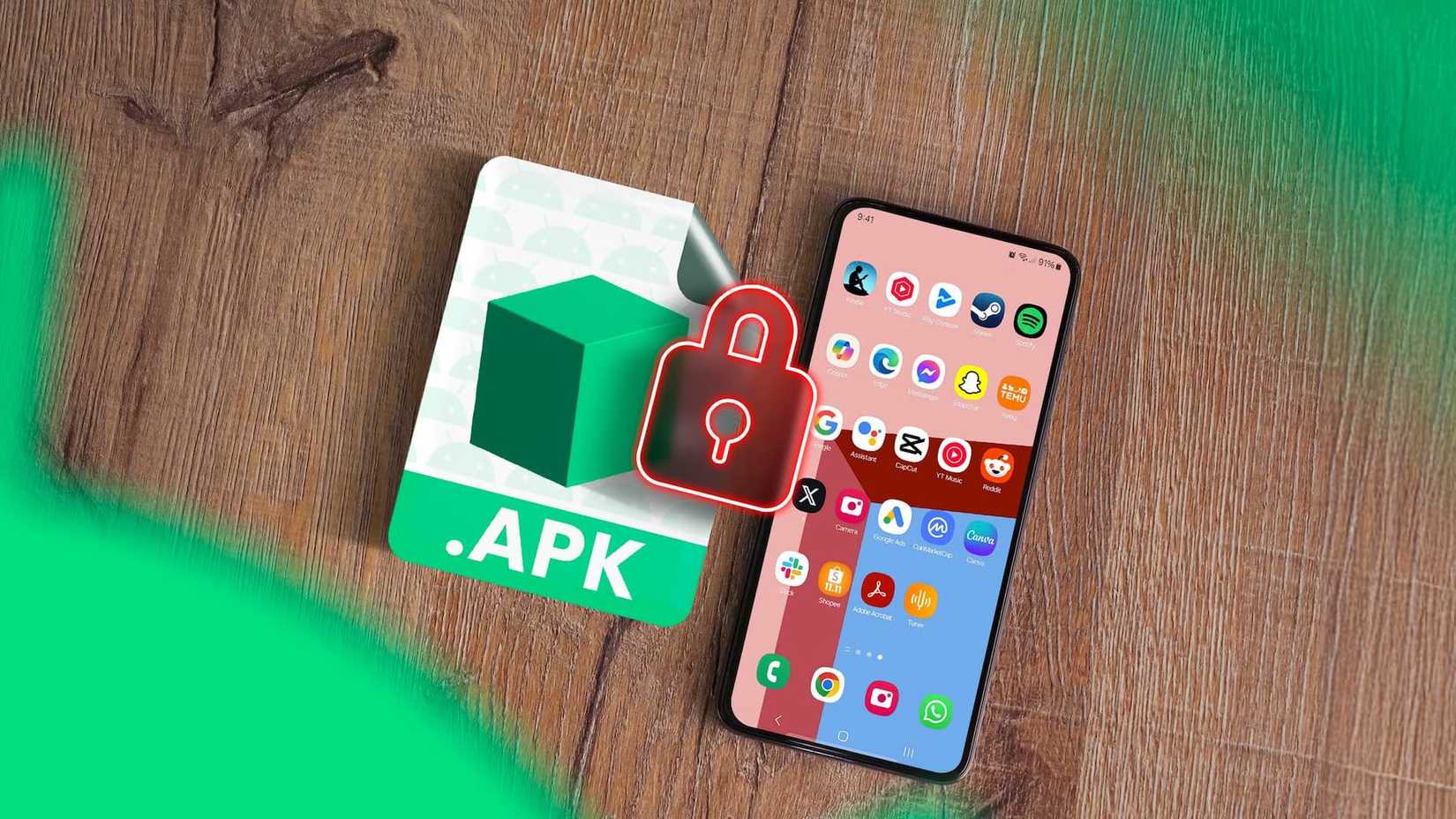 APK icon next to a smartphone with a padlock between them.