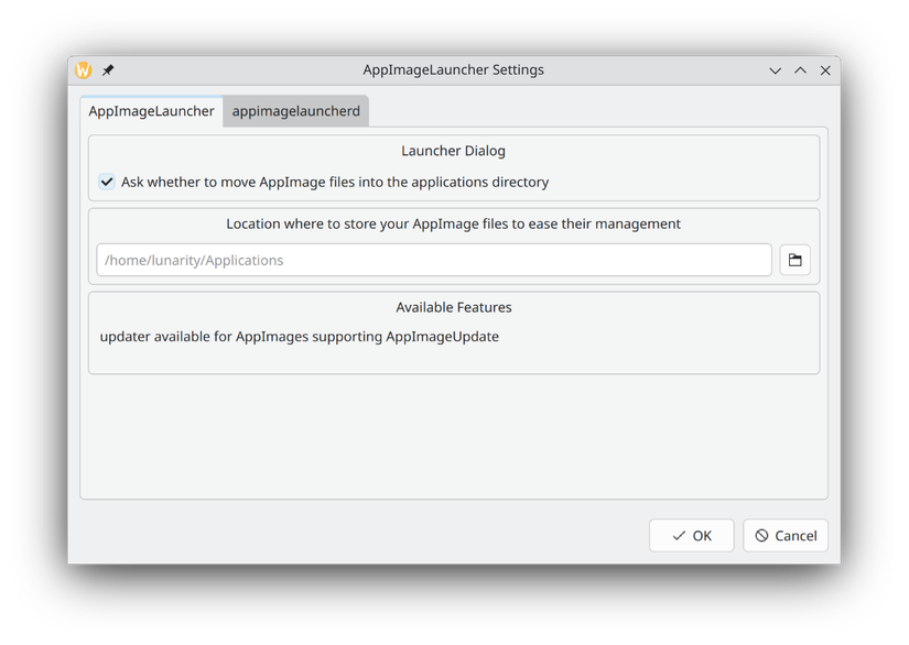 Configuring AppImageLauncher in Kubuntu.