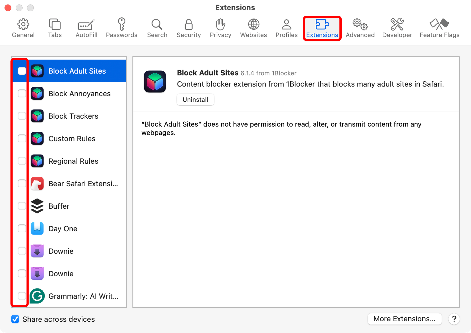 Configurações do Safari para Mac com todas as extensões desativadas.
