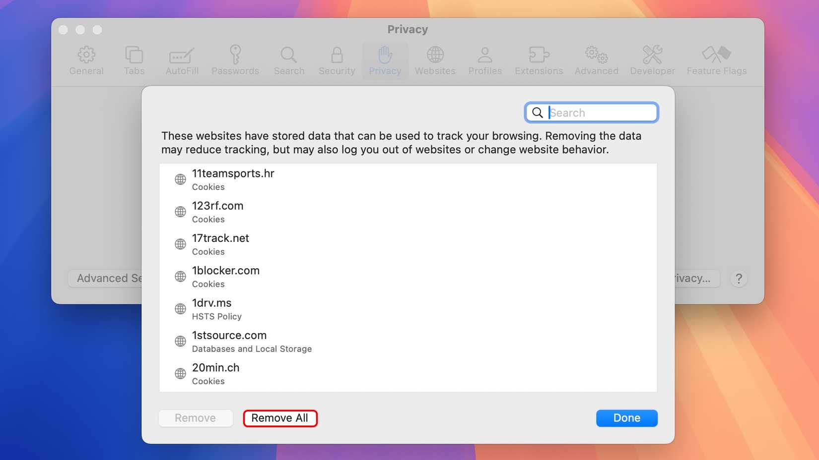 A caixa de diálogo Gerenciar dados do site no Safari para Mac com o botão Remover tudo selecionado.
